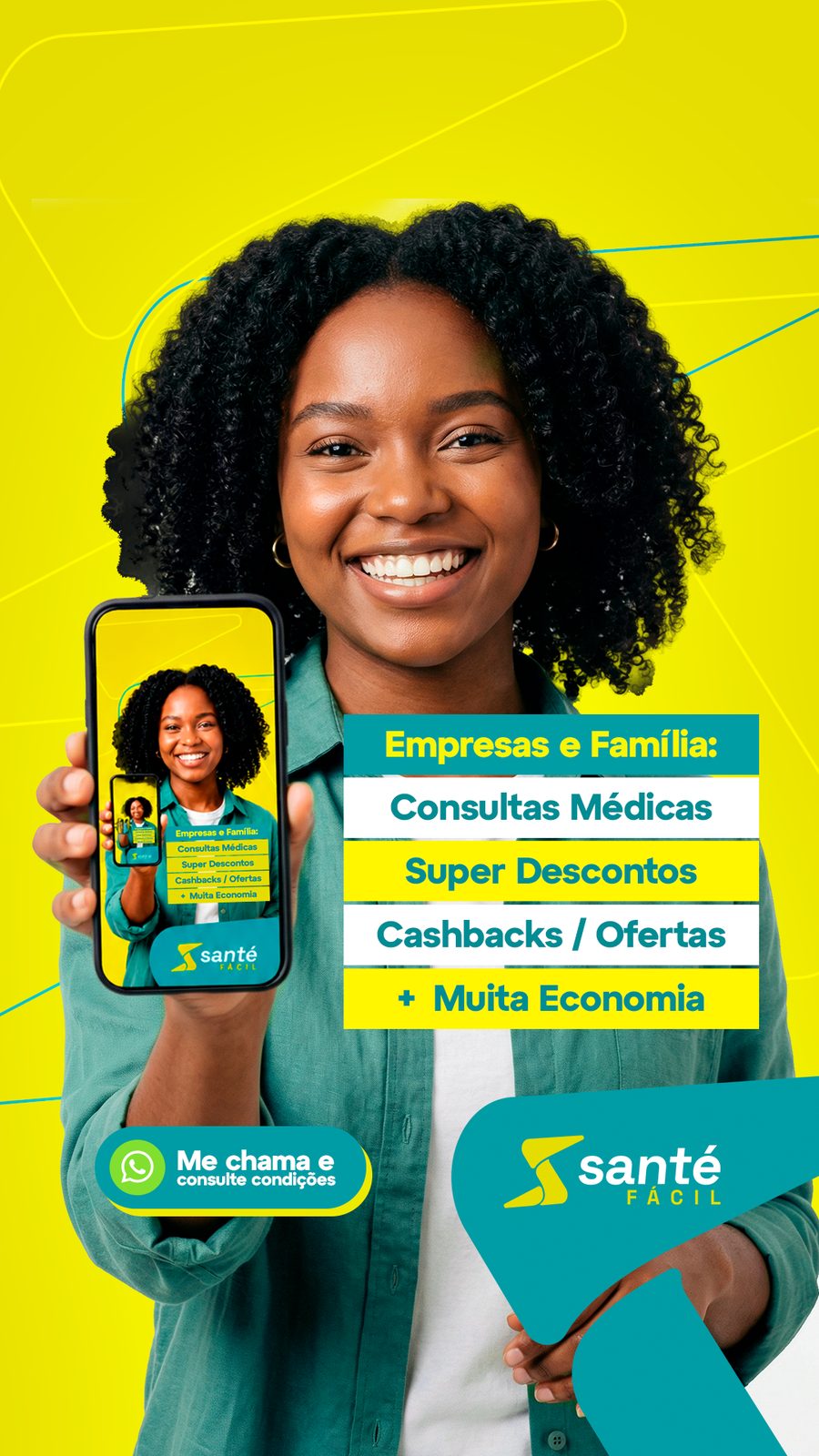 Mulher mostrando no celular os benefícios do clube Santé Fácil para empresas e família